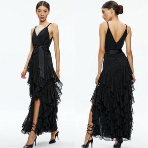 Alice + Olivia Black V-Neck Ruffled Lace Gown with Satin Waist Tie size 14